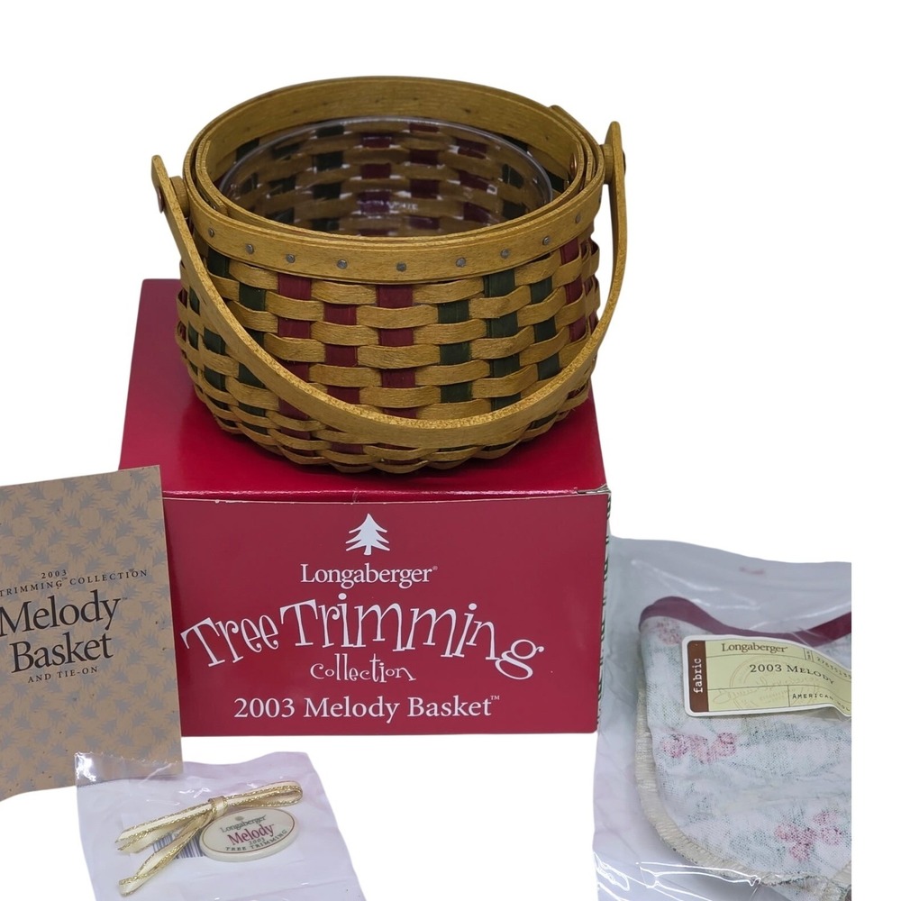 VTG Longaberger Melody Basket Red Green 2003 Tree Trimming Holiday Small Set